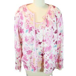 ST JOHN COLLECTION Floral Cardigan Sweater Twinset Size L Satin Trim Pink